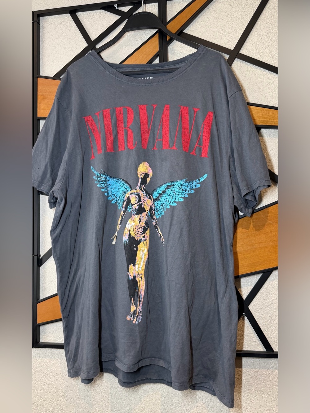 NIRVANA Charcoal Tee with Red Logo & Blue Angel Graphic